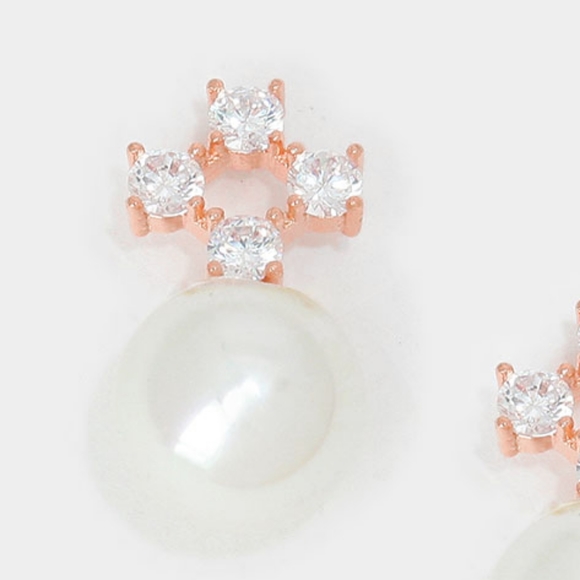 RoseGold Cubic Zirconia Cream Pearl Stud Earrings - Picture 2 of 2